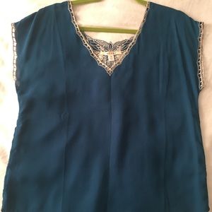 Deep Teal Silky Embroidered Blouse